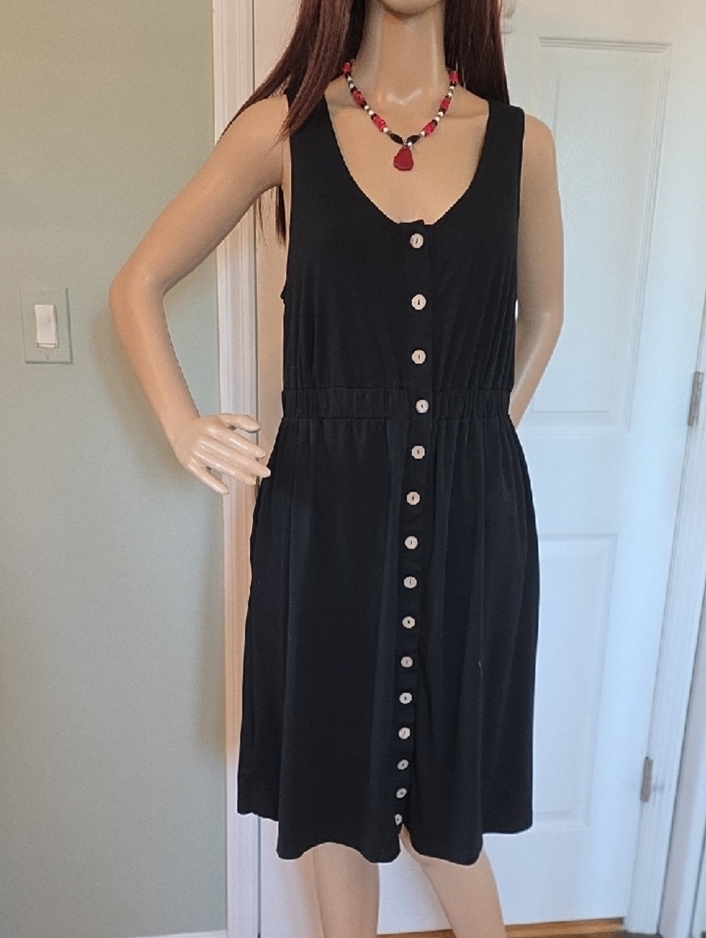 Black Button Down Sleeveless Tank Dress Elastic High Waist Stretch Casual Medium